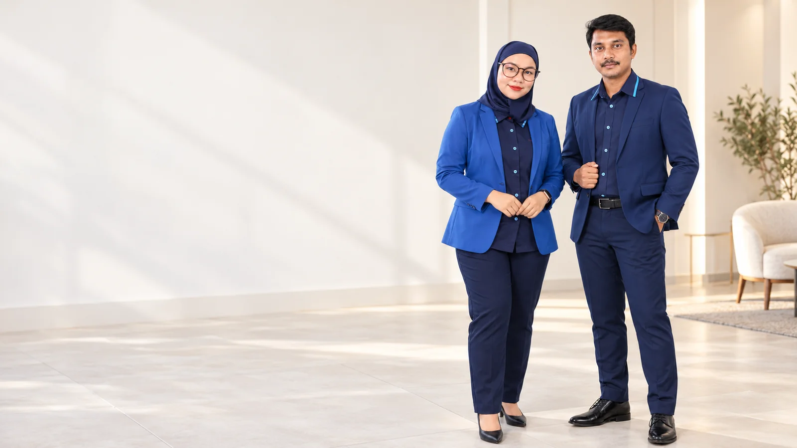 Ahmad and Dayah in professional blue blazers, creative team consultation portrait based on approved master photographs